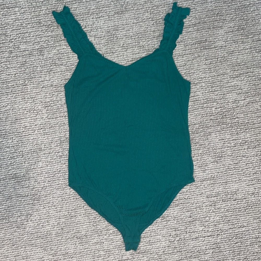BP. Ruffle Strap Ribbed Bodysuit - Green Alpine (M) - Picture 8 of 11